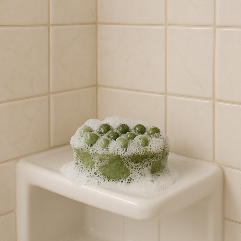 Green Good Hair Day shampoo bar covered in white lather on a corner shower shelf.