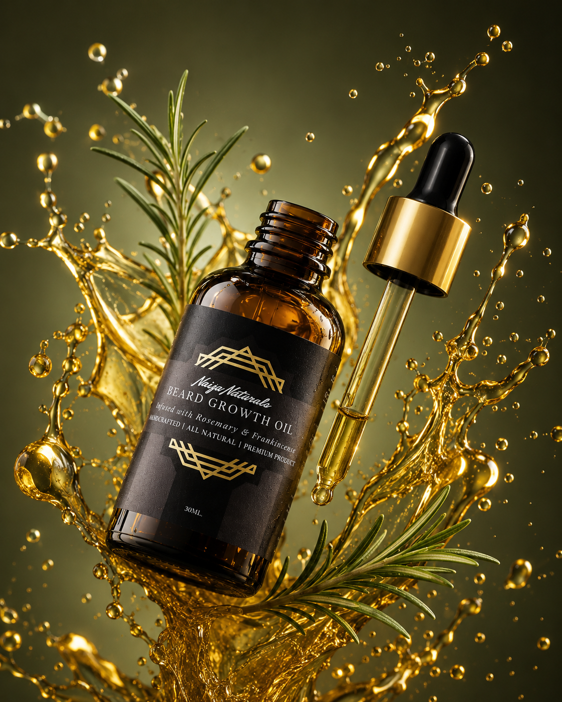 Bottle of Naiga Naturals Beard Growth Oil with dropper and rosemary leaves on a dark background