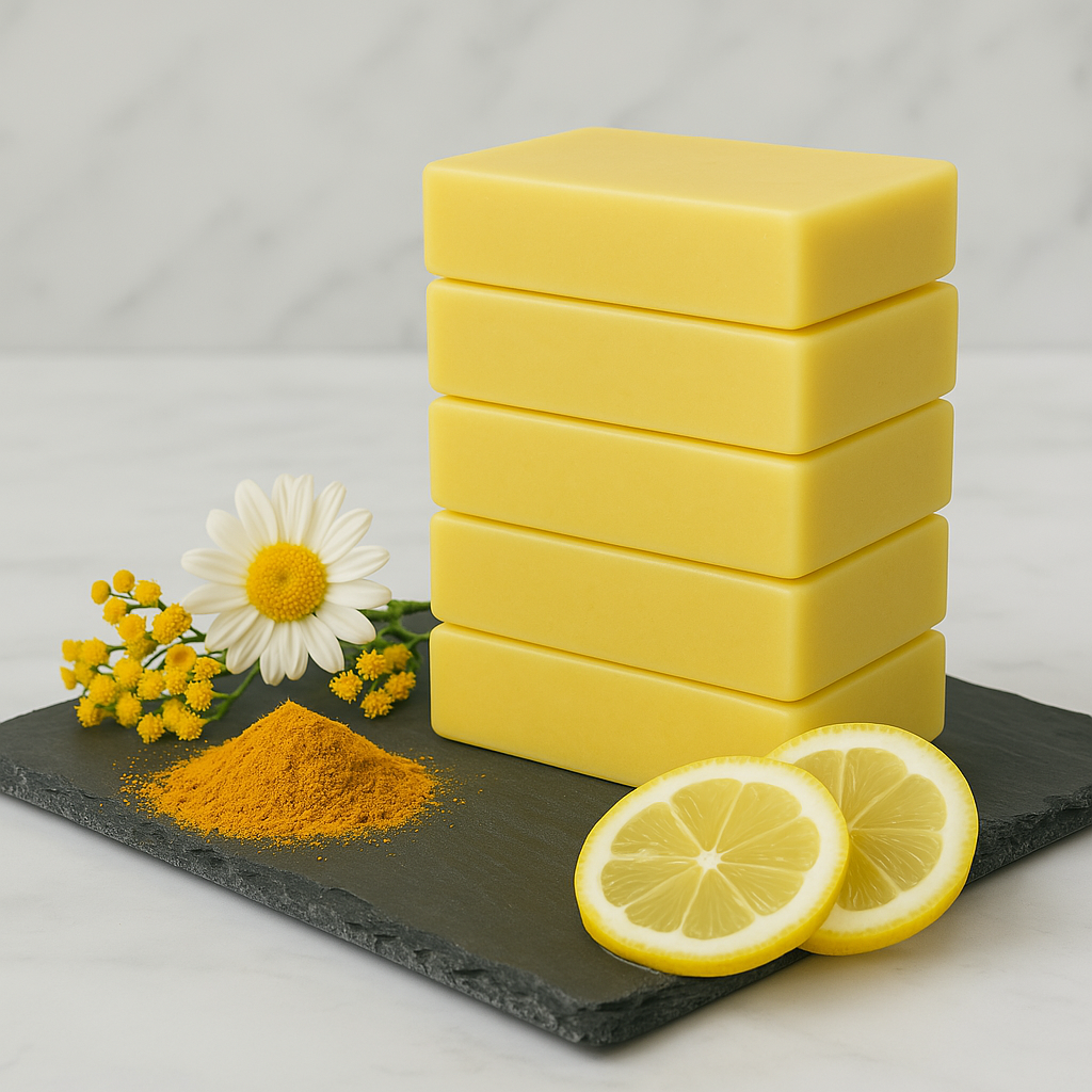Five stacked yellow Bright Side Turmeric & Lemon soap bars on black slate beside lemon slices, turmeric powder and flowers.

