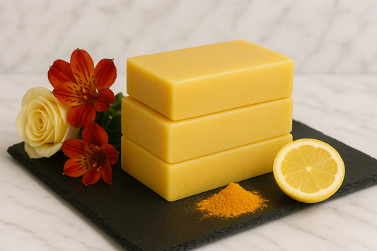 Three stacked yellow Bright Side Turmeric & Lemon soap bars on black slate beside half a lemon, turmeric powder and flowers.

