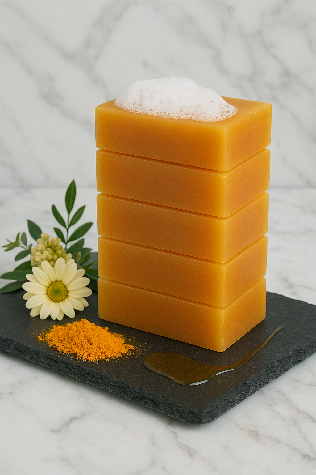 Five stacked golden-orange Golden Glow soap bars topped with lather, beside turmeric powder, oil and a pale flower.
