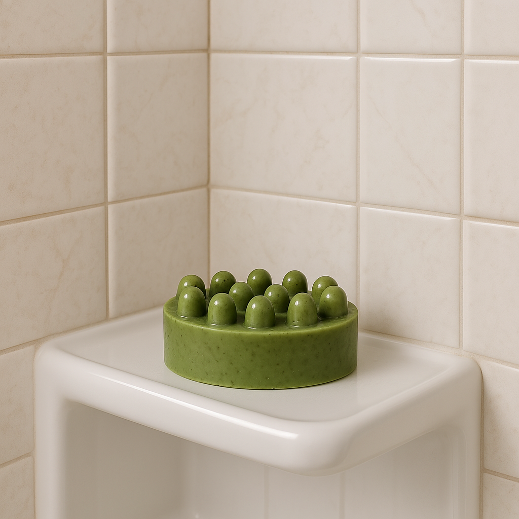 Green Good Hair Day shampoo bar with raised massage bumps on a white corner shower shelf.
