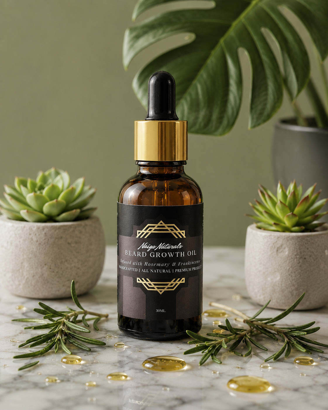 Bottle of Naiga Naturals Beard Growth Oil with plants and rosemary on a marble surface