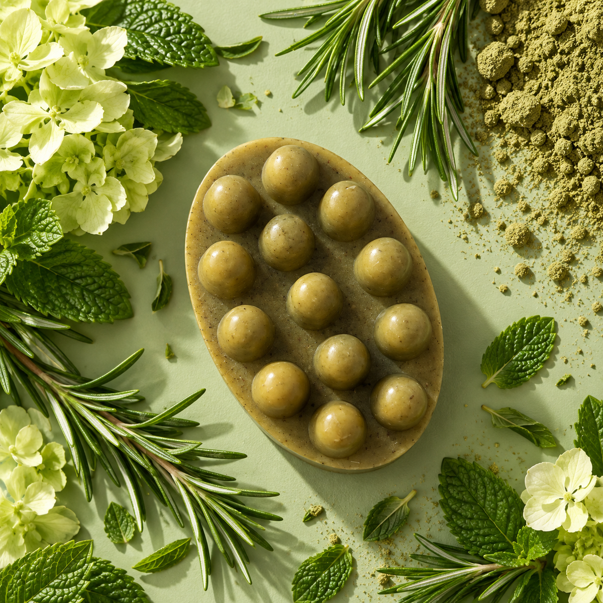 Oval Good Hair Day shampoo bar with raised massage bumps, surrounded by rosemary, mint leaves, flowers and green powder.
